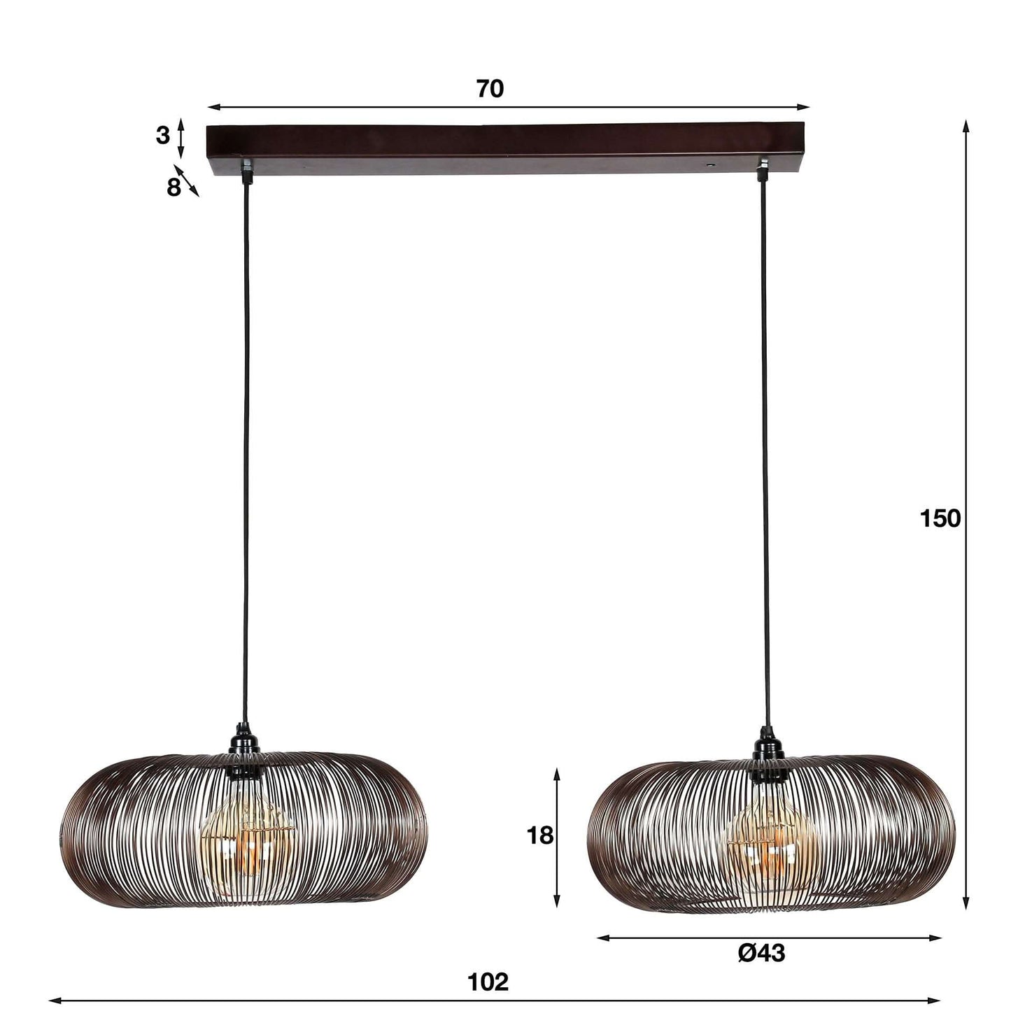 Hängelampe 2x Ø43 Scheibe draht Kupfer Twist/Schwarz Nickel