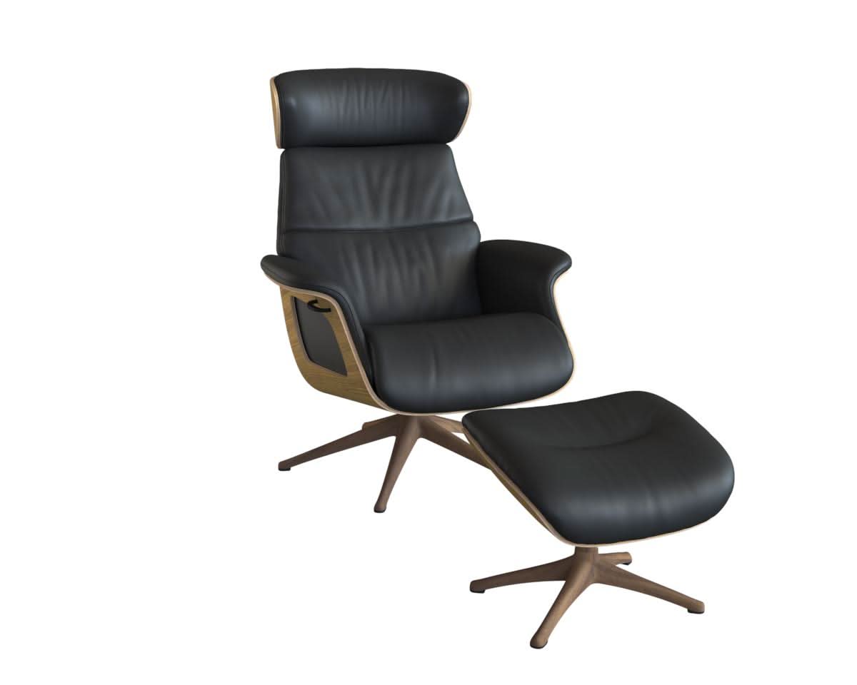 Clement Relaxsessel - Leder Savoy - Platin - separater Fußhocker - Eiche