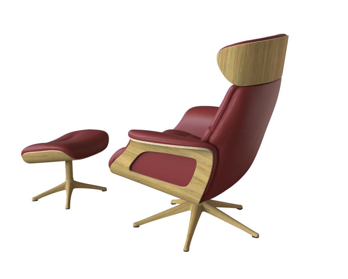 Clement Relaxsessel - Leder Savoy - Red - separater Fußhocker - Eiche
