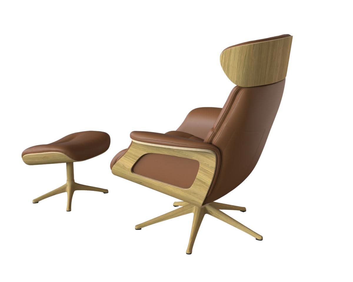 Clement Relaxsessel - Leder Savoy - Cognac Brown - separater Fußhocker - Eiche