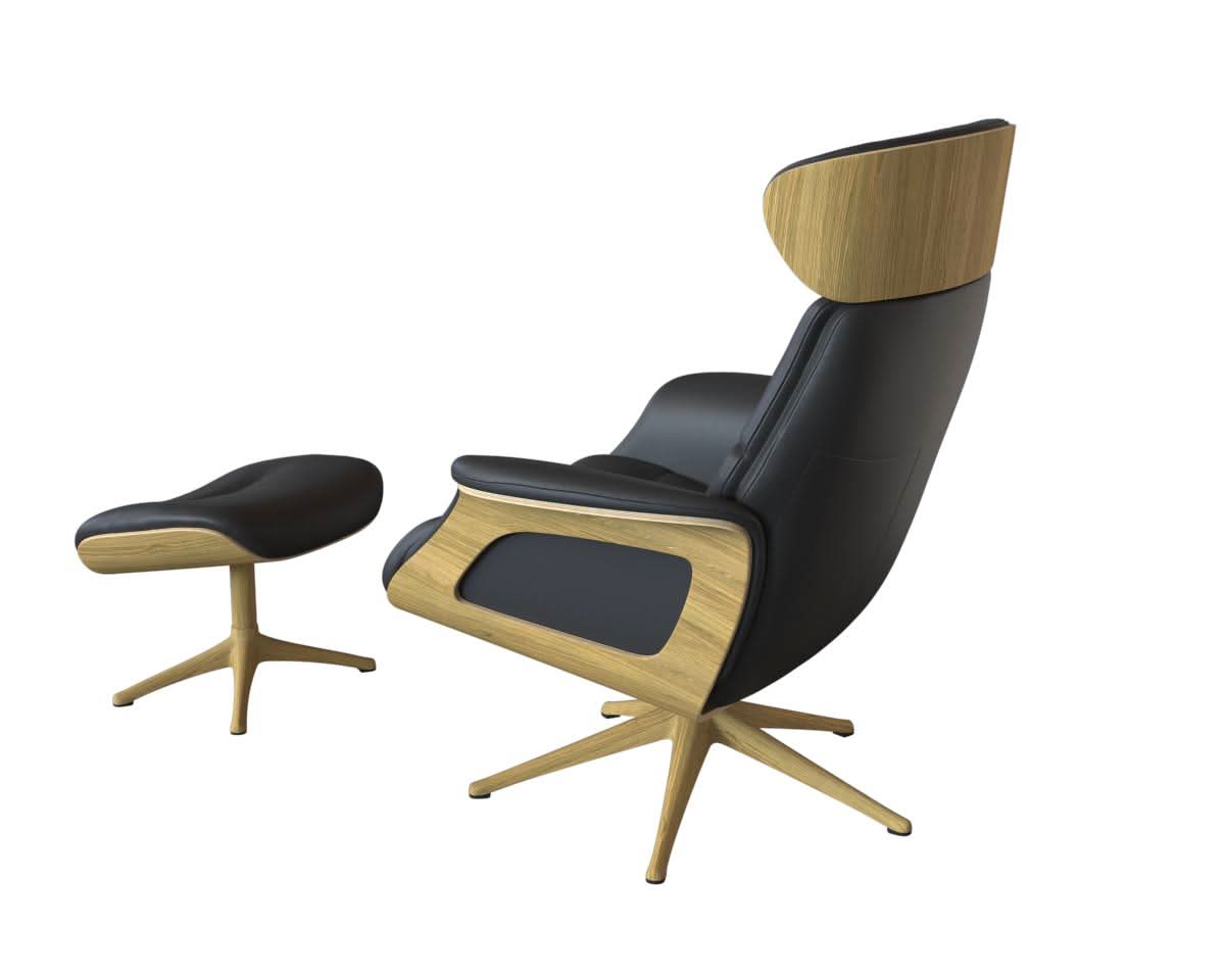 Clement Relaxsessel - Leder Savoy - Grey - separater Fußhocker - Eiche