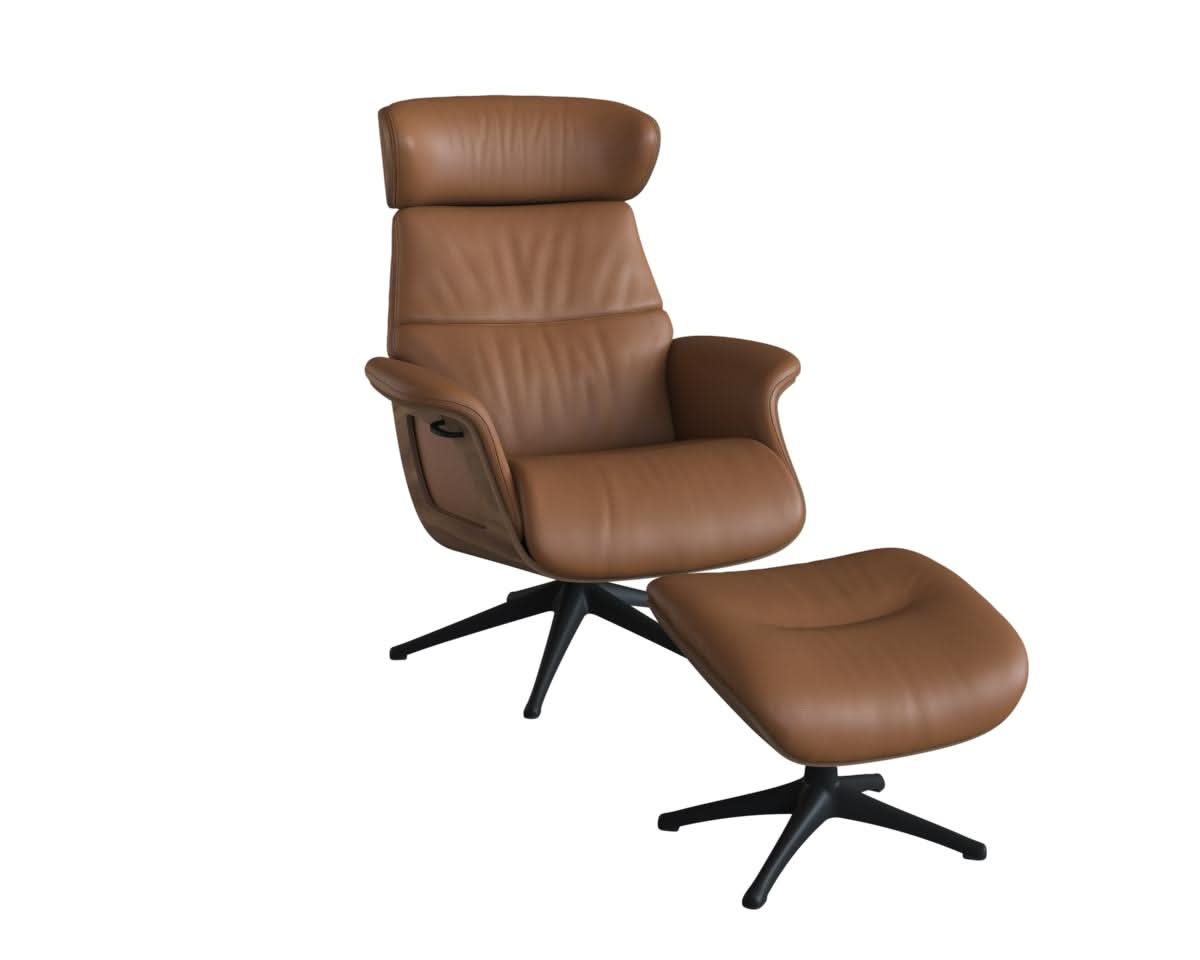 Clement Relaxsessel - Leder Savoy - Cognac Brown - separater Fußhocker - Wallnuss