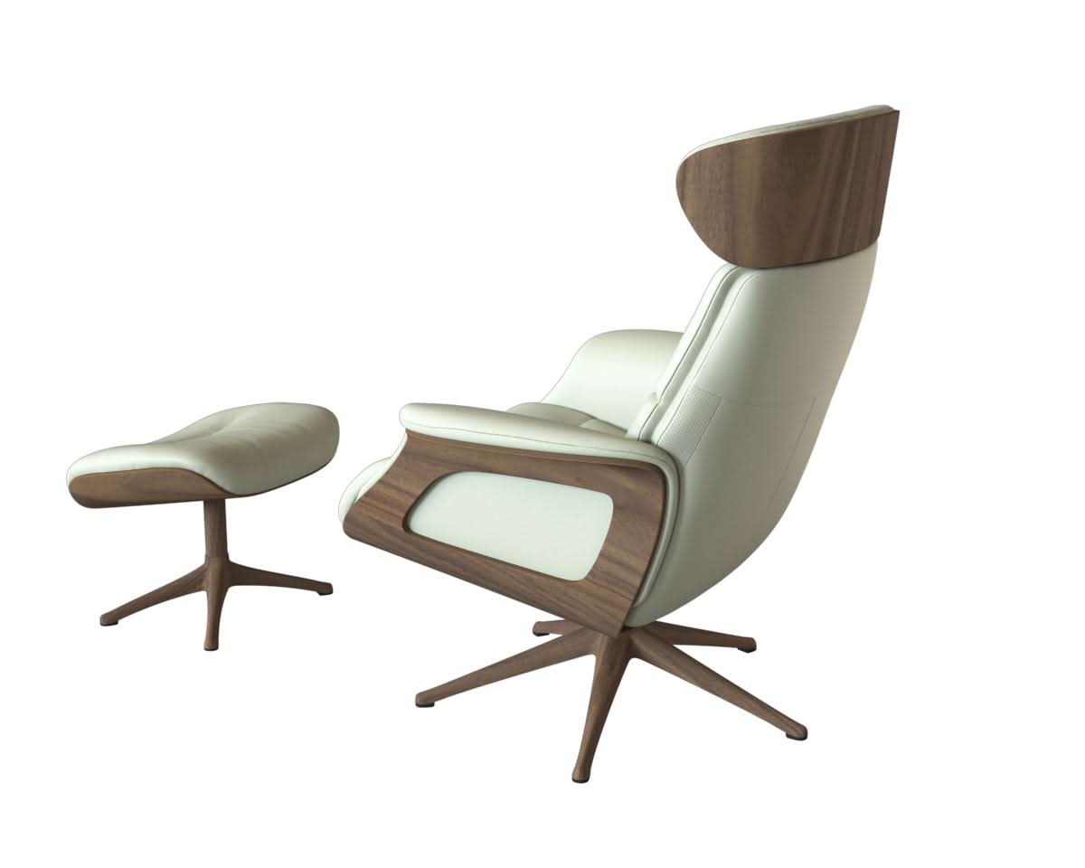 Clement Relaxsessel - Leder Savoy - Off White - separater Fußhocker - Wallnuss