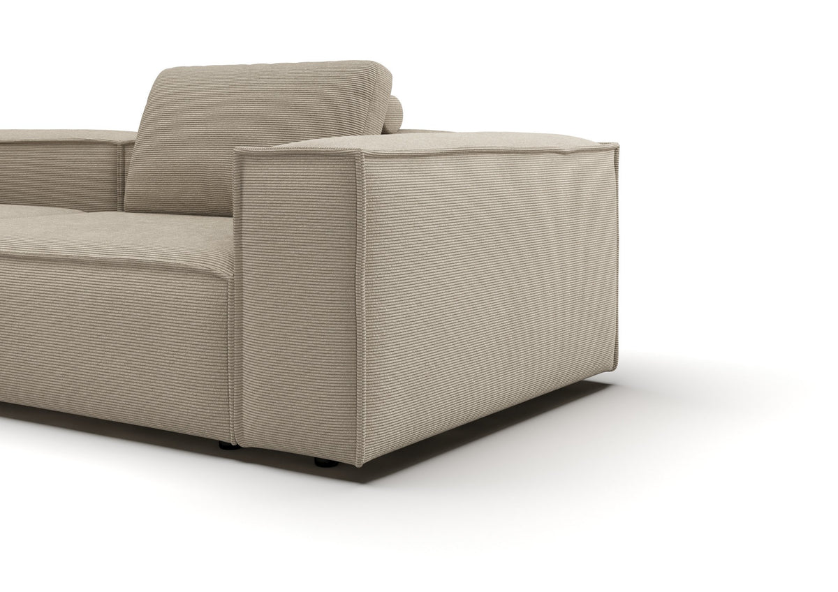 Bergen Ecksofa mit Longchair in Feincord Sand, Longchair links – Detail Armlehne