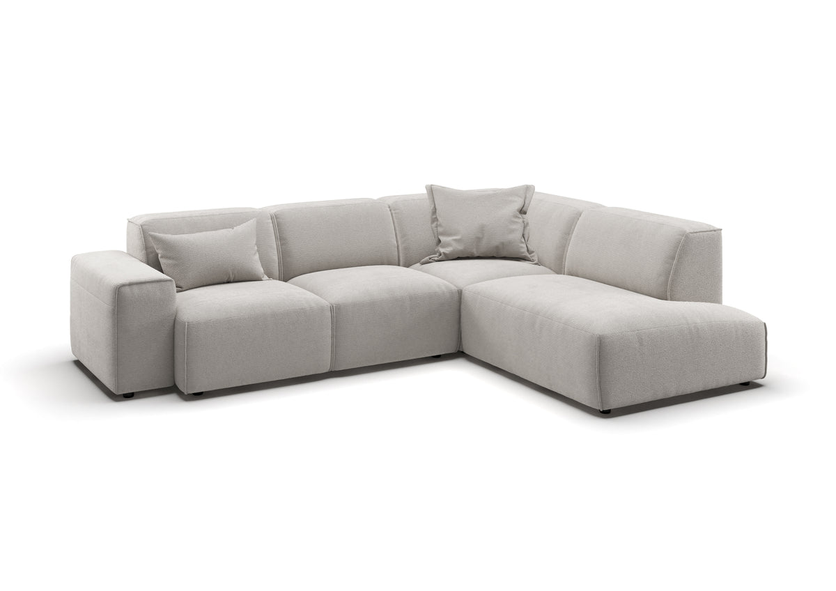 Lund Ecksofa in L-Form in Feincord Weiß, Ecke rechts – mit Dekokissen