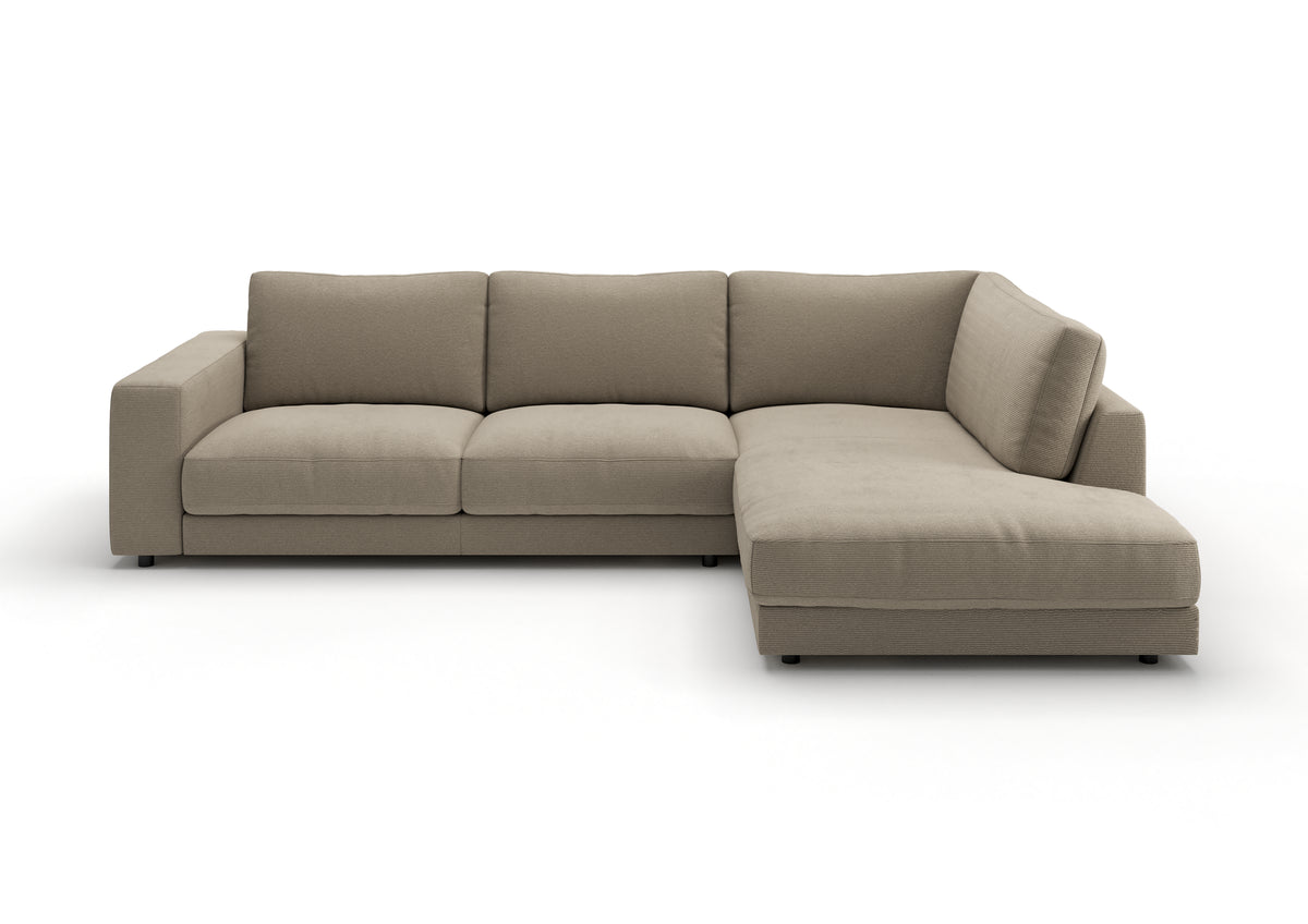 Skagen Ecksofa in L-Form in Feincord Sand, Ecke rechts – Ansicht von vorn