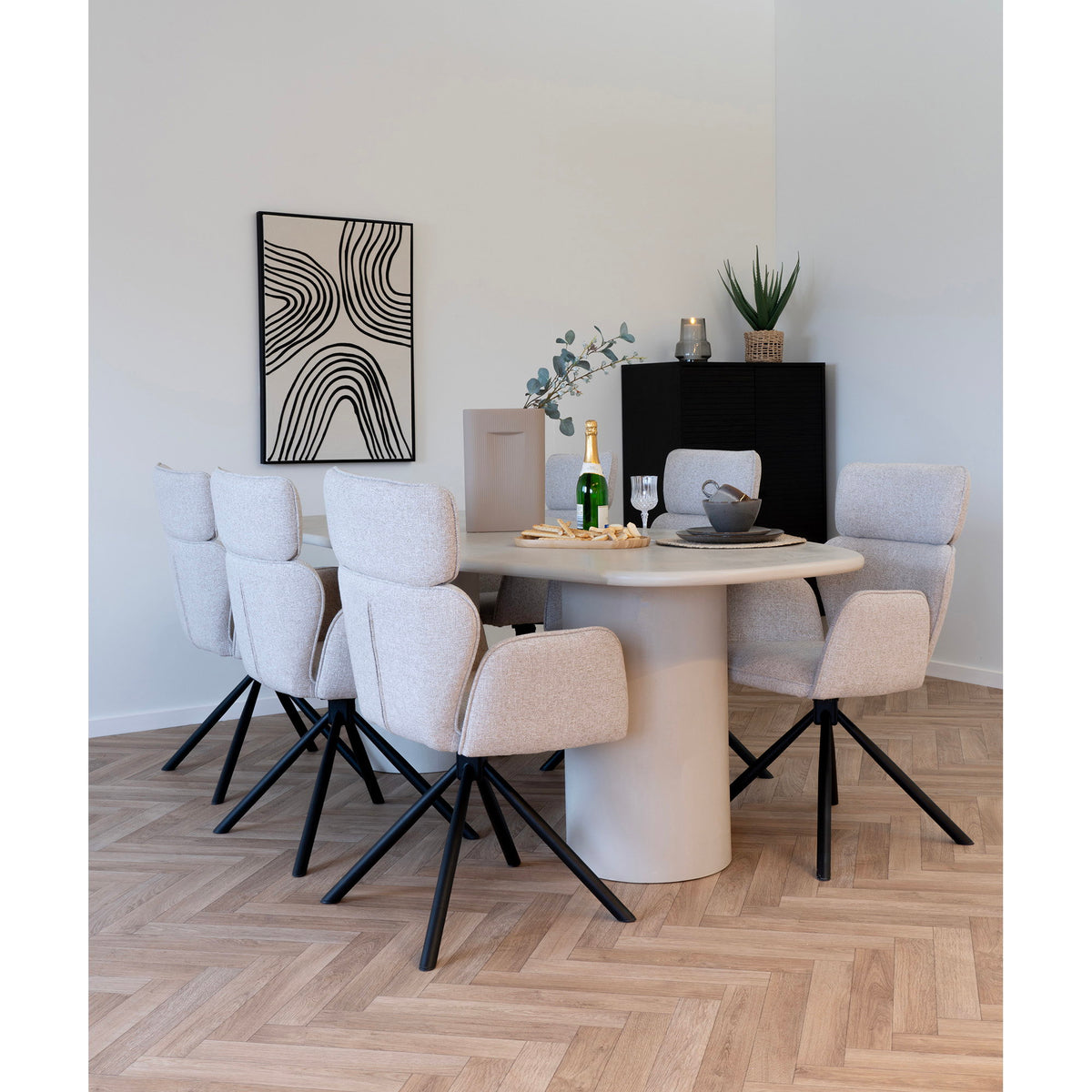 Ria Esszimmerstuhl 2er-Set mit Drehfunktion – Stoff Sand, Beine Schwarz – Ansicht 8