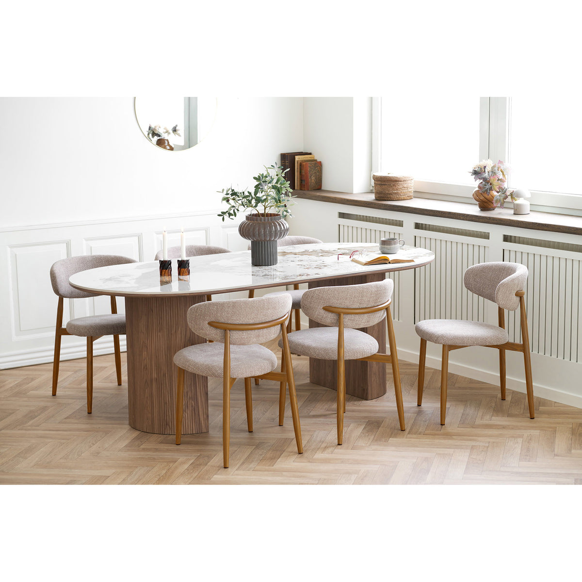 Olivia Esszimmerstuhl 2er-Set – Stoff Sand, Beine in Eichenoptik – Ansicht 7