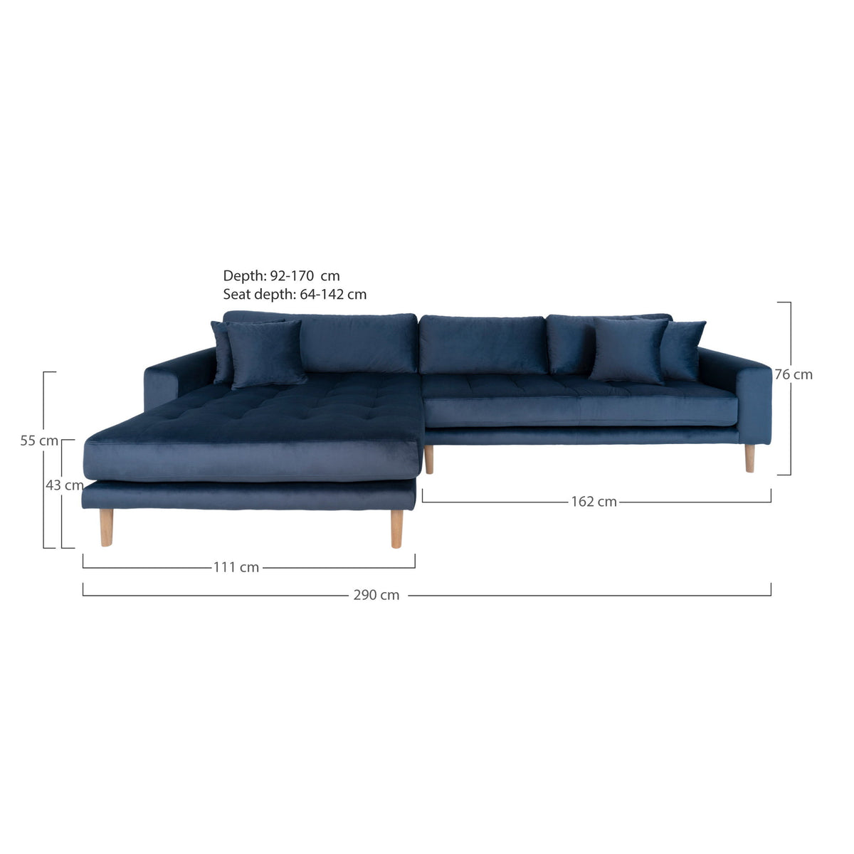 Ugo Sofa mit Récamiere links – Samt Dunkelblau, Beine Natur – Ansicht 4