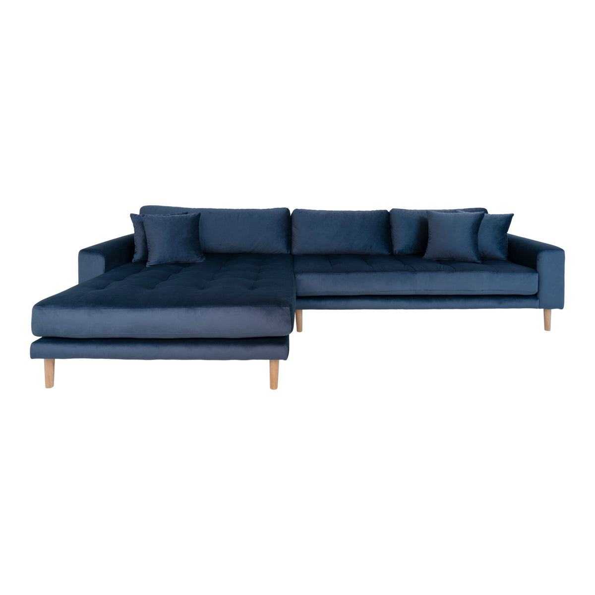 Ugo Sofa mit Récamiere links – Samt Dunkelblau, Beine Natur von Luiva Living