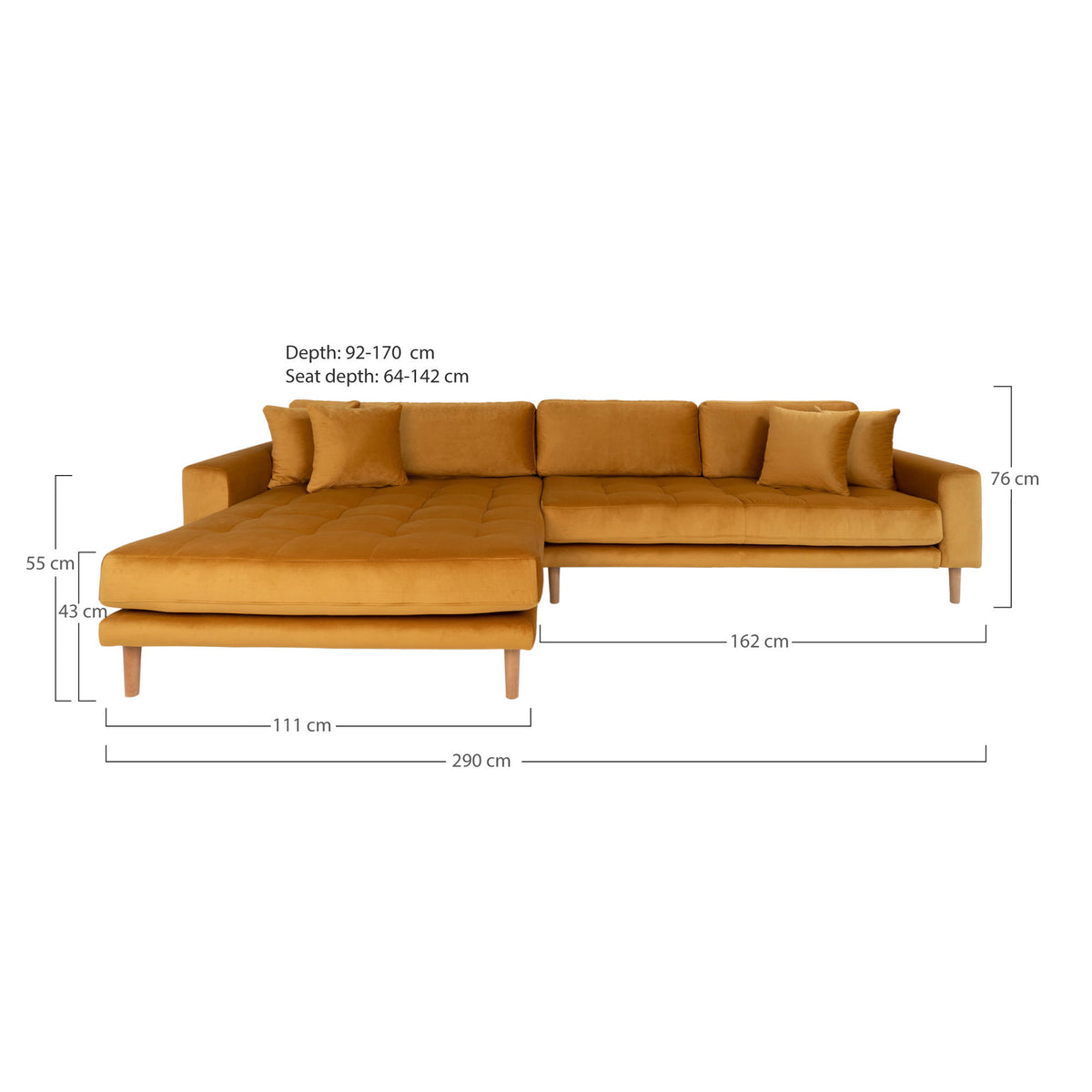 Ugo Sofa mit Récamiere links – Samt Senfgelb, Beine Natur – Ansicht 4