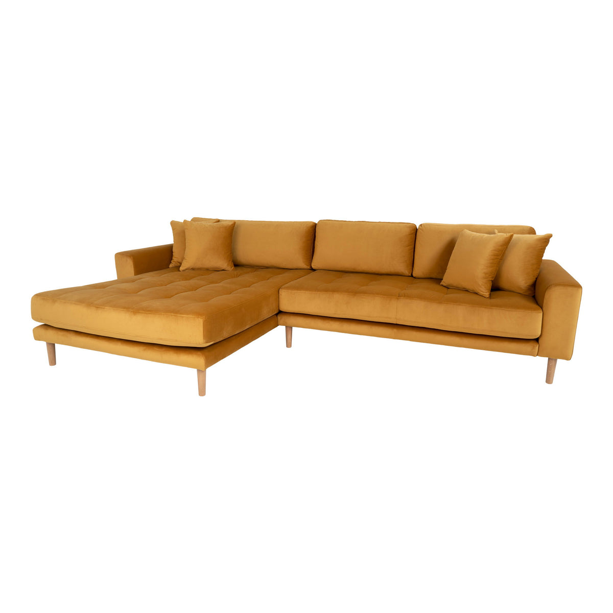 Ugo Sofa mit Récamiere links – Samt Senfgelb, Beine Natur – Ansicht 2