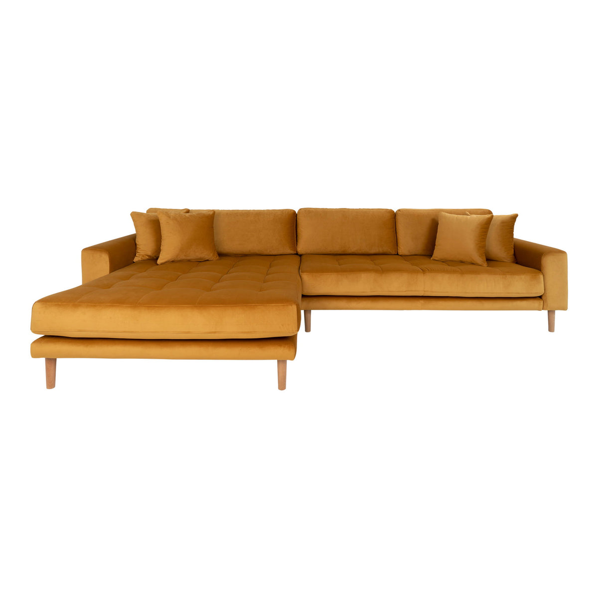 Ugo Sofa mit Récamiere links – Samt Senfgelb, Beine Natur von Luiva Living