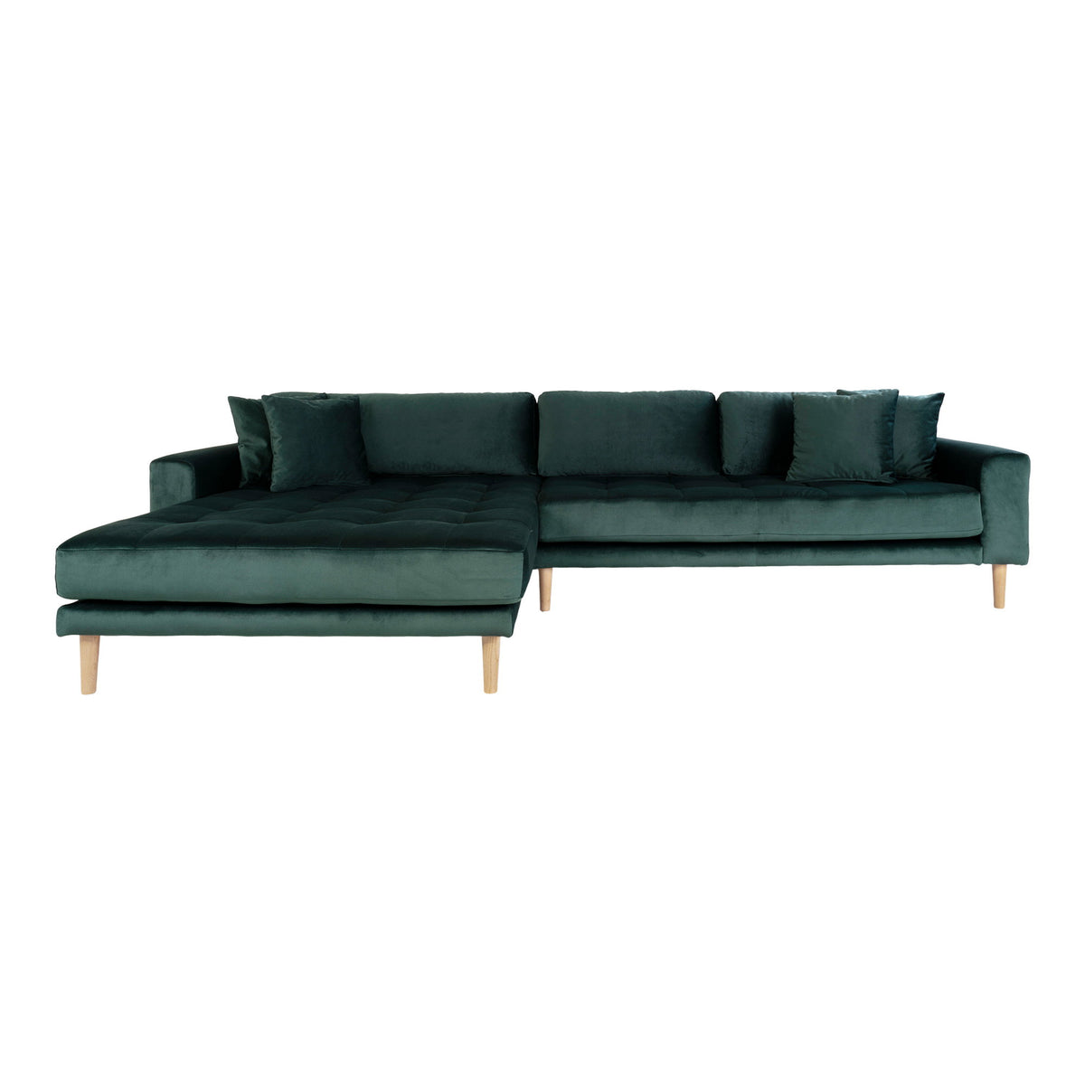 Ugo Sofa mit Récamiere links – Samt Dunkelgrün, Beine Natur von Luiva Living