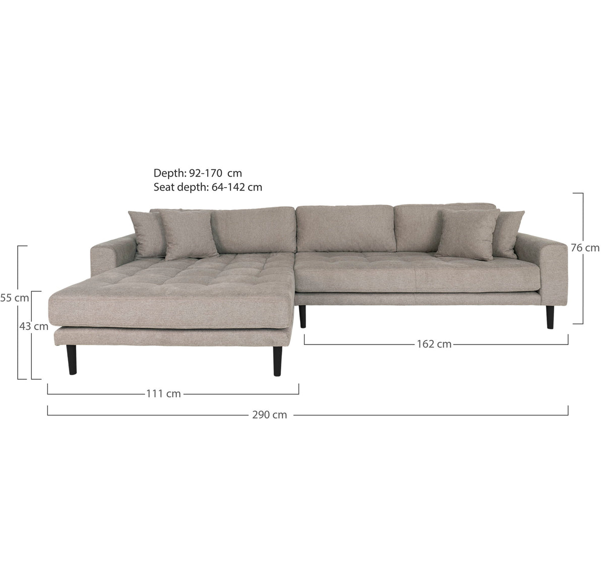 Ugo Sofa mit Récamiere links – Steingrau, Beine Schwarz – Ansicht 4