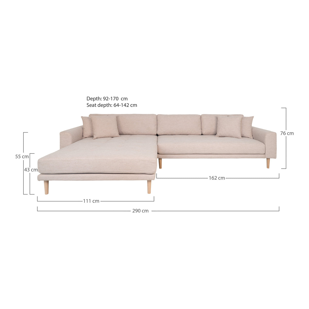 Ugo Sofa mit Récamiere links – Sand, Beine Natur – Ansicht 7