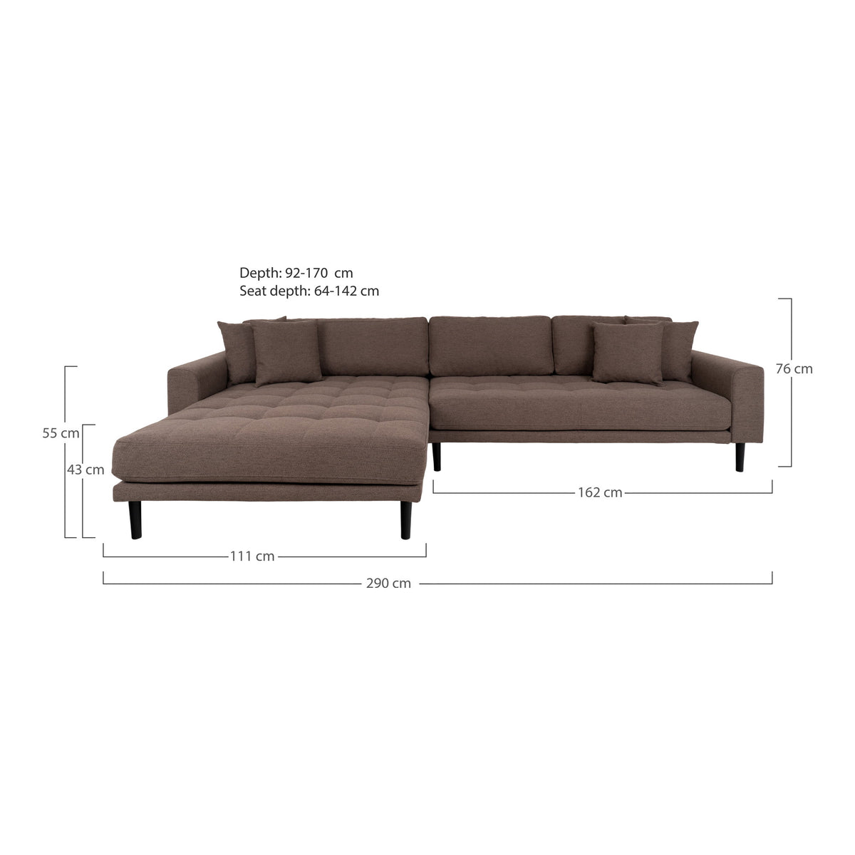 Ugo Sofa mit Récamiere links – Braun, Beine Schwarz – Ansicht 7