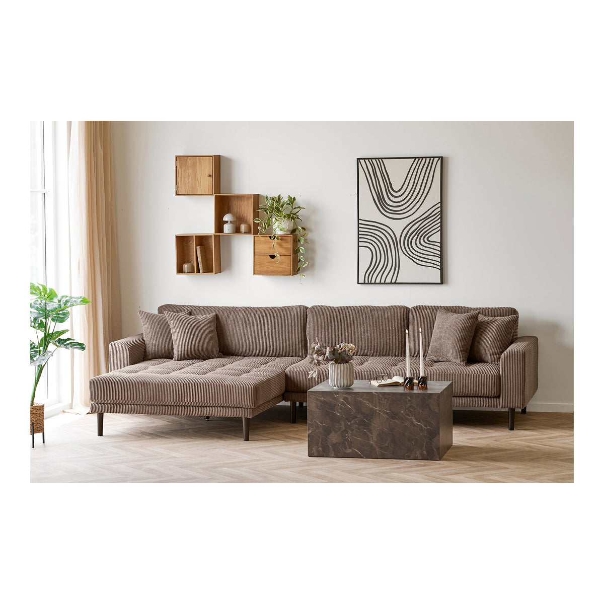 Ugo Sofa mit Récamiere links – Cord Braun, Beine Schwarz – Ansicht 5