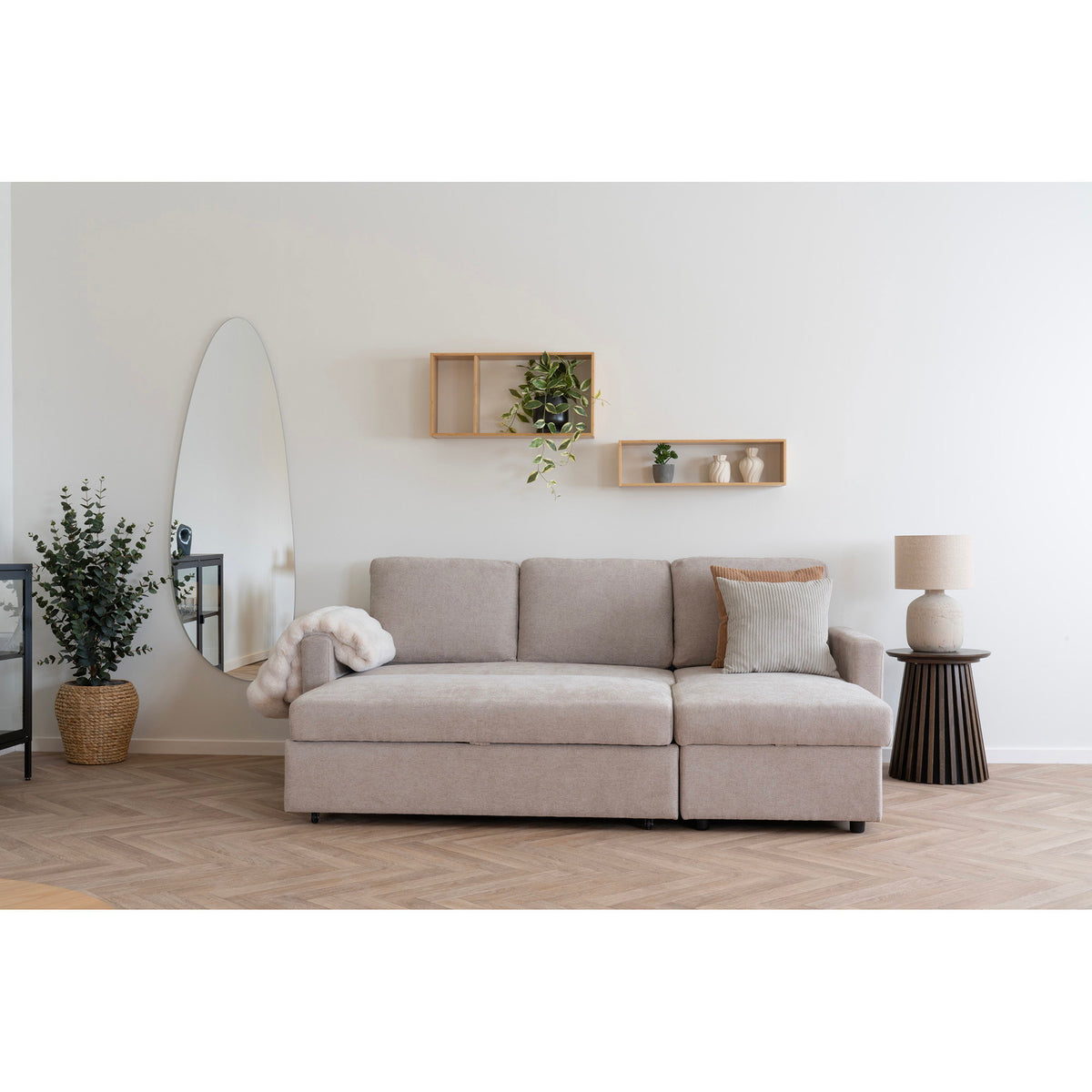 Rune Schlafsofa mit Récamiere und Stauraum – Dunkelsand, Beine Natur – Ansicht 11
