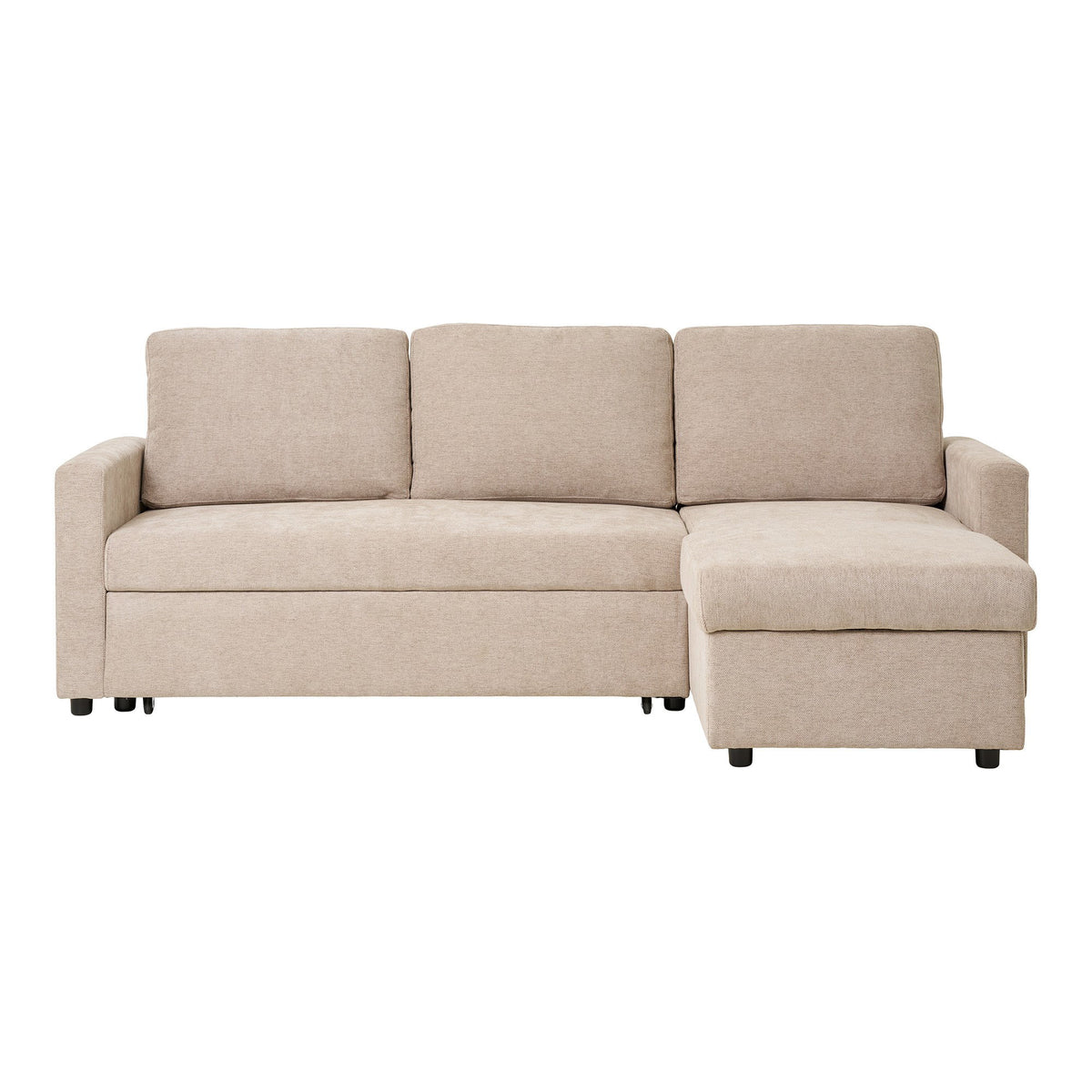 Rune Schlafsofa mit Récamiere und Stauraum – Dunkelsand, Beine Natur von Luiva Living