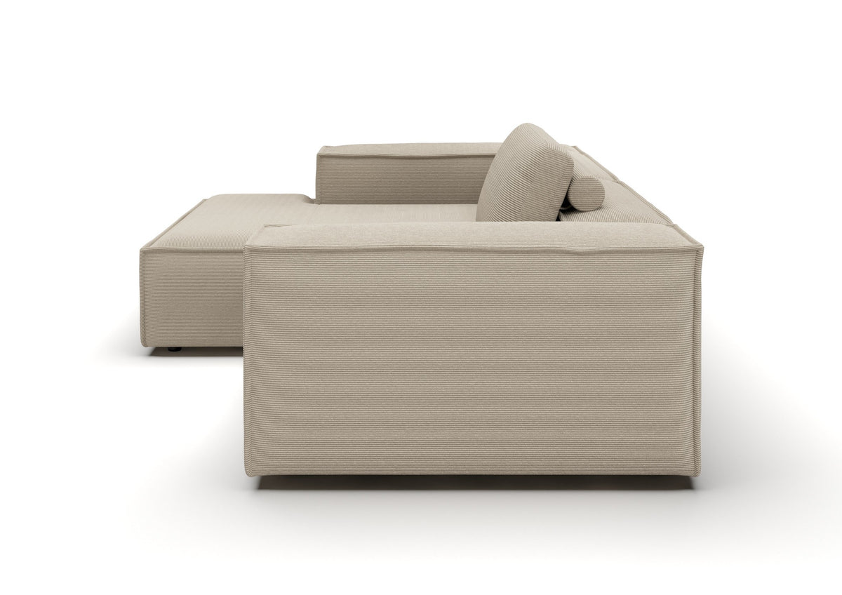 Bergen Ecksofa kompakt mit Longchair in Feincord Sand, Longchair links – Seitenansicht