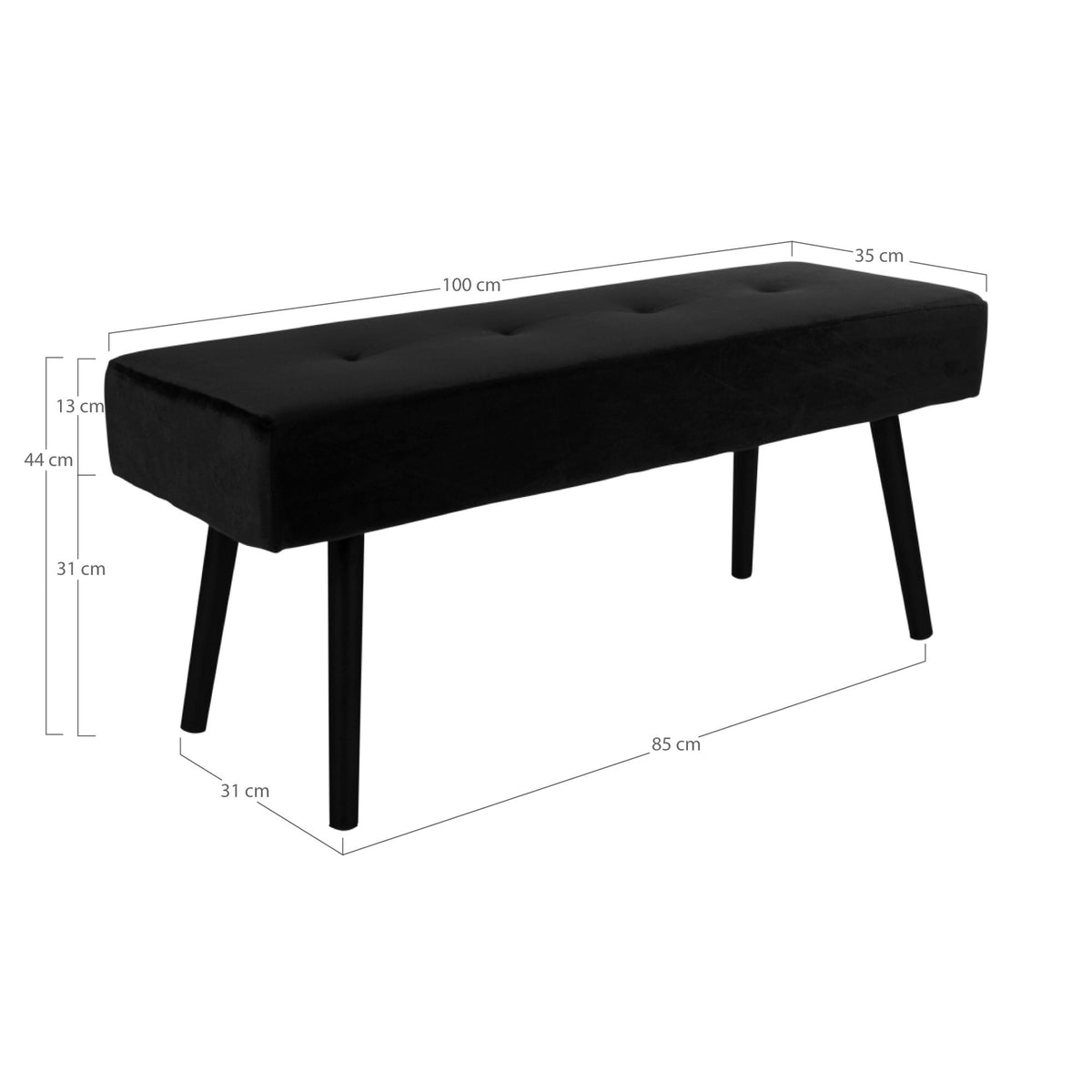 Jasper Sitzbank – Samt Schwarz, Beine Schwarz, 100 × 35 × 44 cm – Ansicht 4