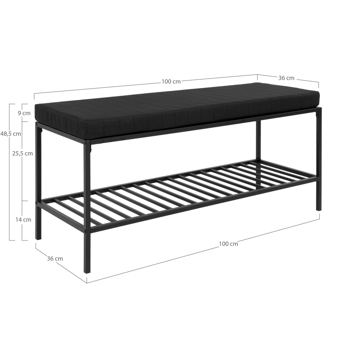 Sami Sitzbank mit Ablage – Schwarz, Beine Schwarz, 100 × 36 × 48,5 cm – Ansicht 4