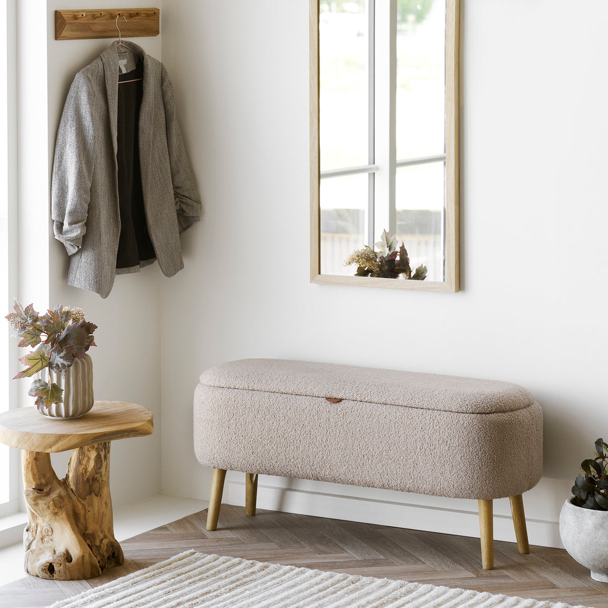 Mads Sitzbank mit Stauraum – Bouclé Beige, 95 × 37 × 45 cm – Ansicht 10
