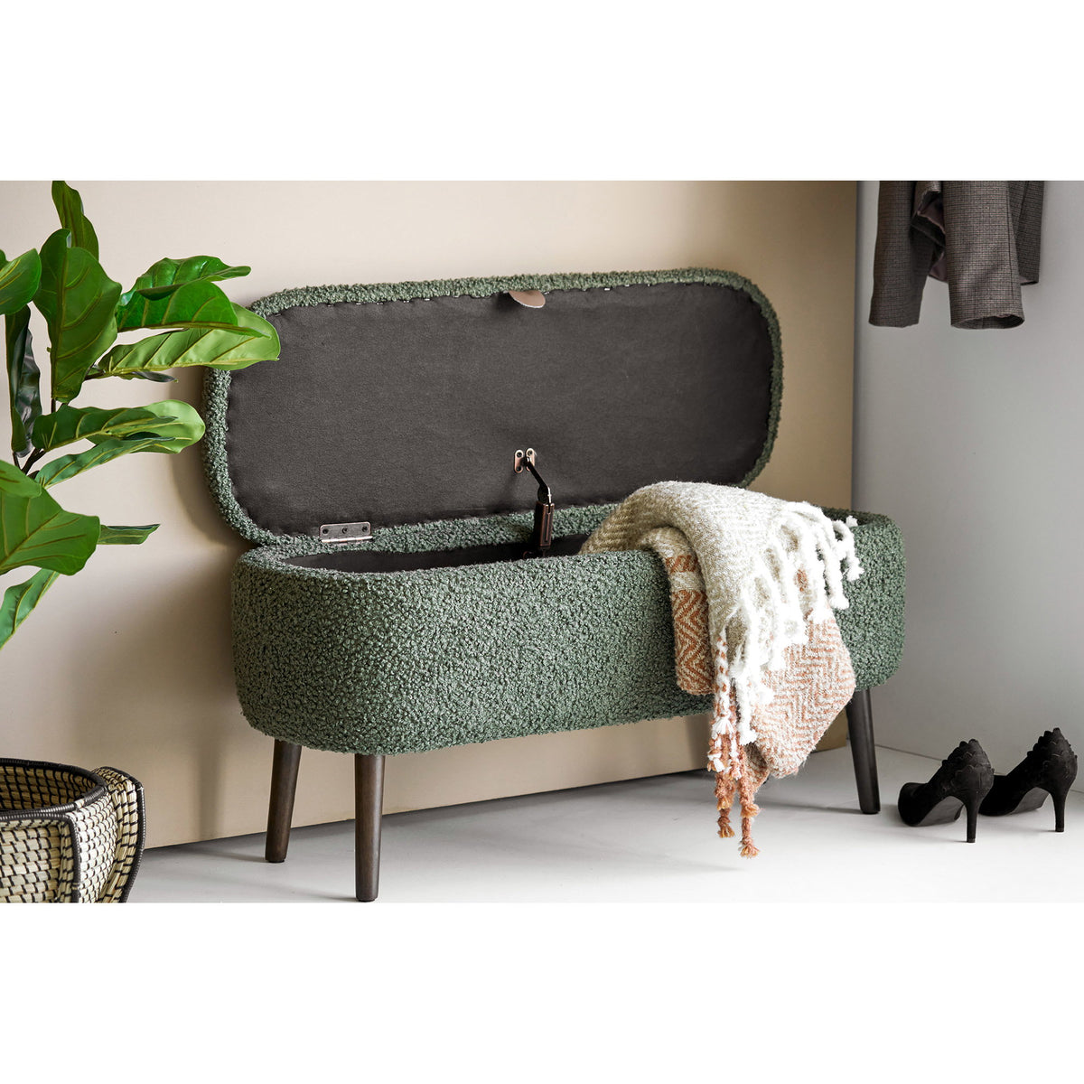 Mads Sitzbank mit Stauraum – Teddystoff Grün, 95 × 37 × 45 cm – Ansicht 10