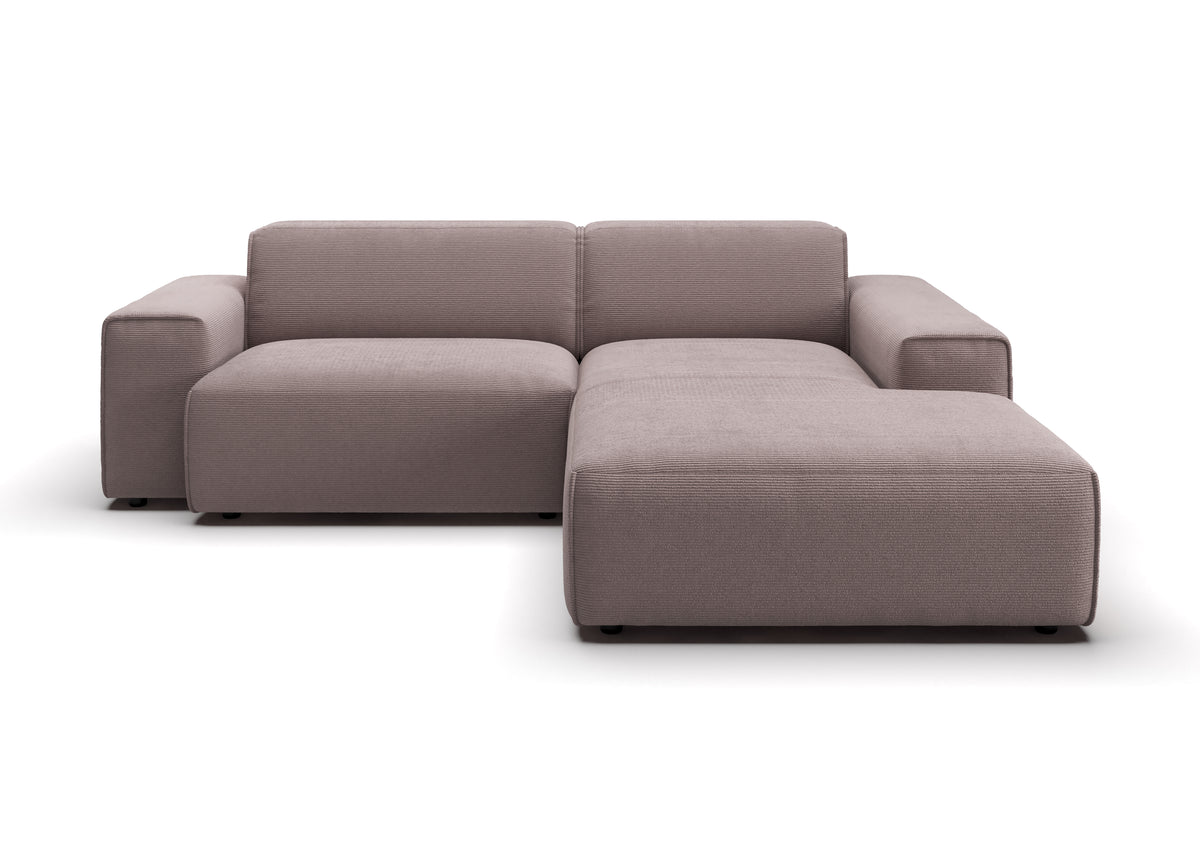 Lund Ecksofa kompakt mit Ottomane in Feincord Altrosa, Ottomane rechts – Ansicht von vorn