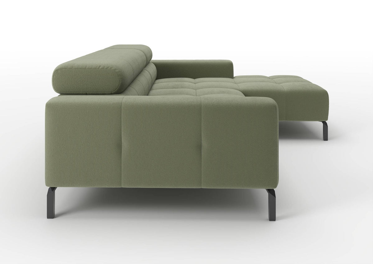 Kalmar Ecksofa mit Longchair in Feincord Oliv, Longchair rechts – Seitenansicht