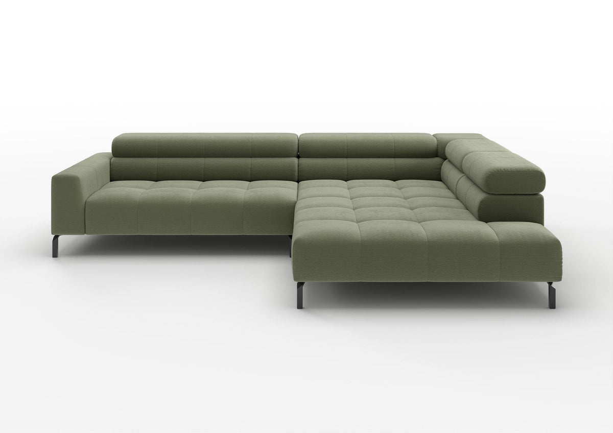 Kalmar Ecksofa in L-Form groß in Feincord Oliv, Ecke rechts – Ansicht von vorn