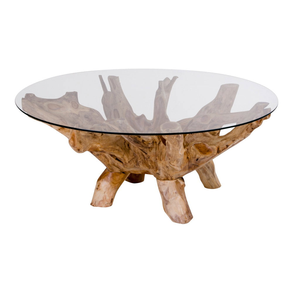 Zeno Couchtisch rund – Glas/Teak Natur, ø 110 × 50 cm von Luiva Living