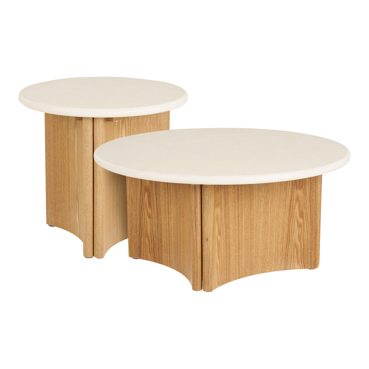 Fia Couchtisch rund 2er-Set – Zement/Eschenfurnier Weiß/Natur, ø 80 × 37 cm & ø 50 × 45 cm von Luiva Living