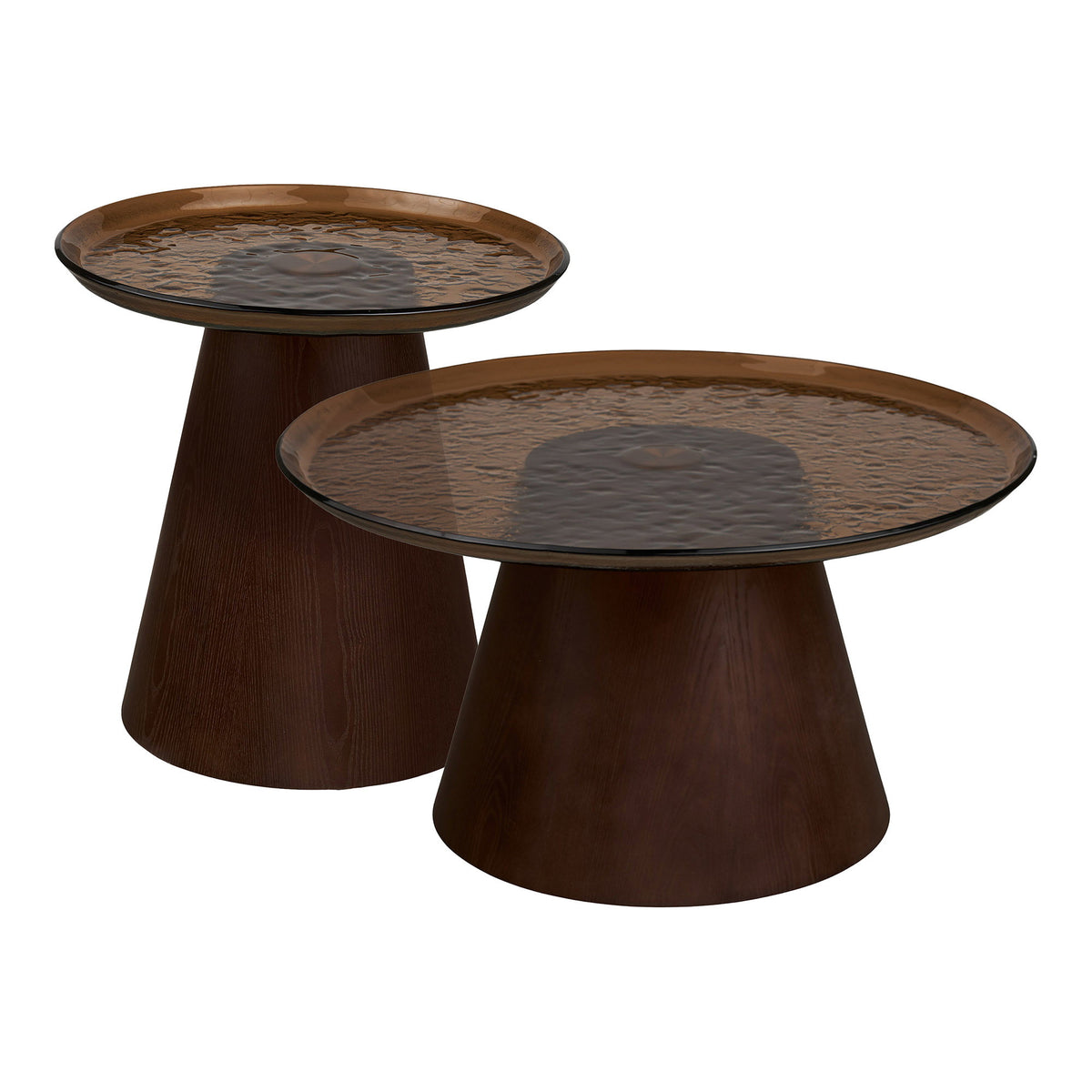 Jesper Couchtisch rund 2er-Set – Eschenfurnier/Glas Braun, ø 80 × 42 cm & ø 50 × 48 cm von Luiva Living