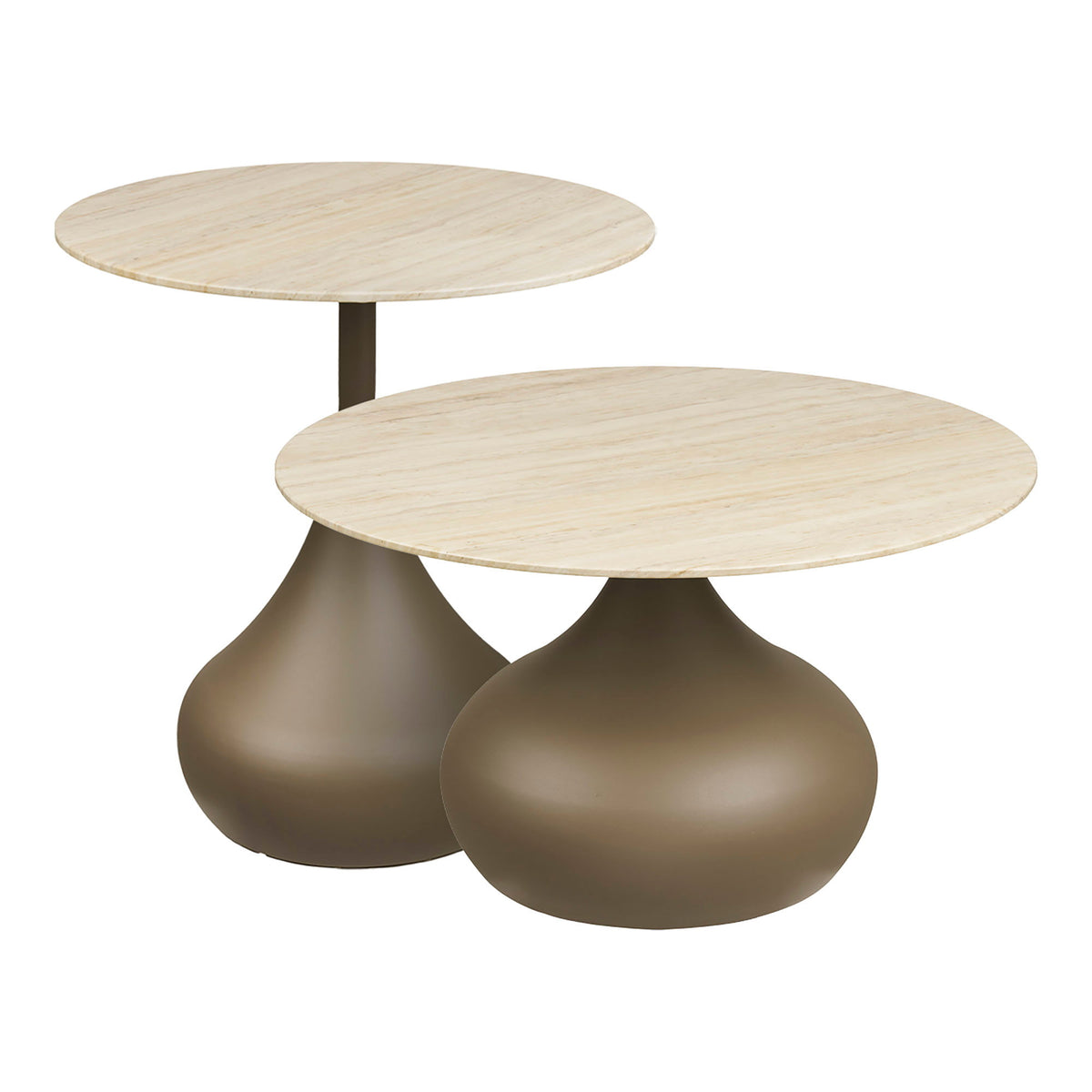 Alice Couchtisch rund 2er-Set – Metall/Sicherheitsglas Khaki, ø 70 × 42 cm & ø 50 × 54 cm von Luiva Living