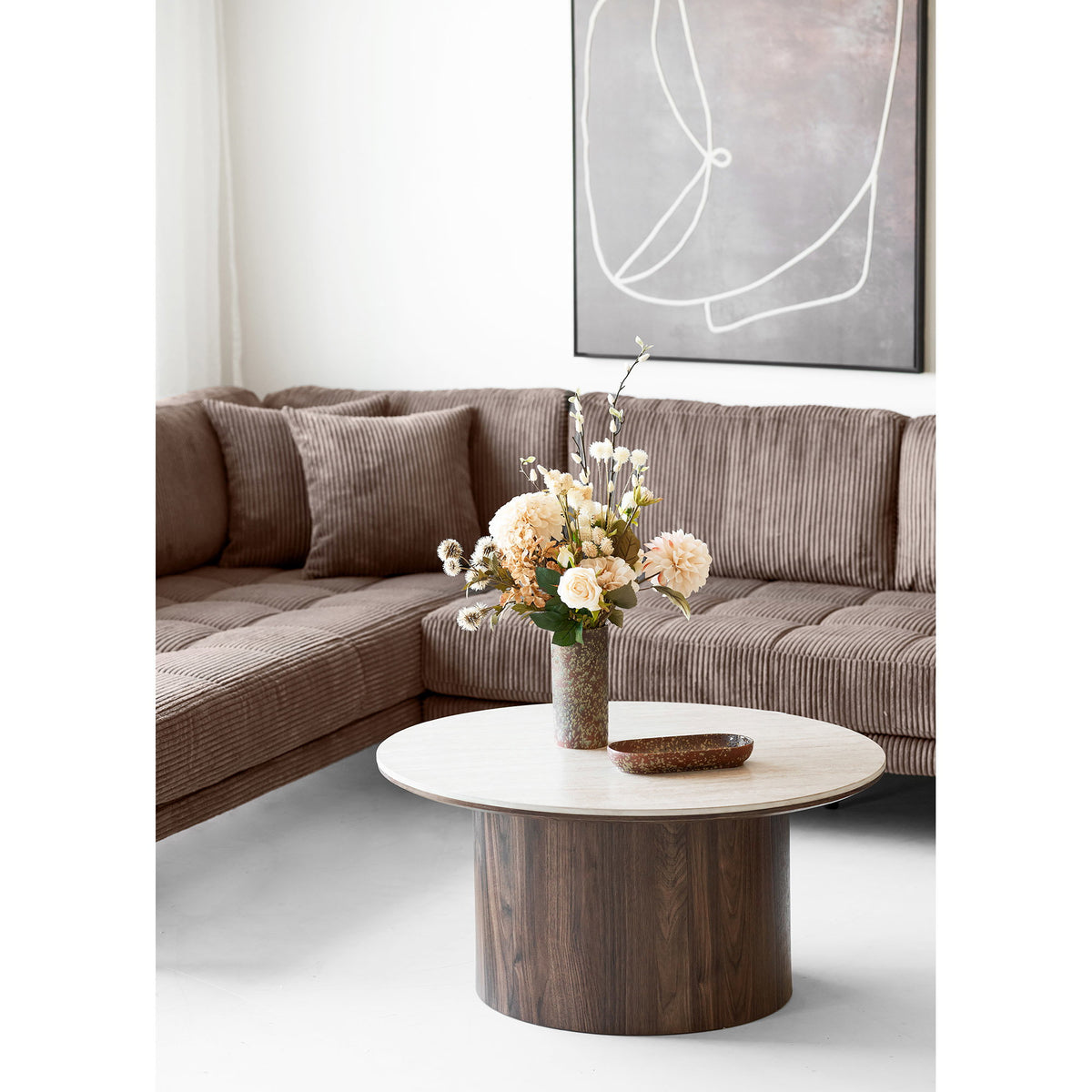 Bianca Couchtisch rund – Keramik Travertin/Dunkelbraun, ø 80 × 40 cm – Ansicht 7