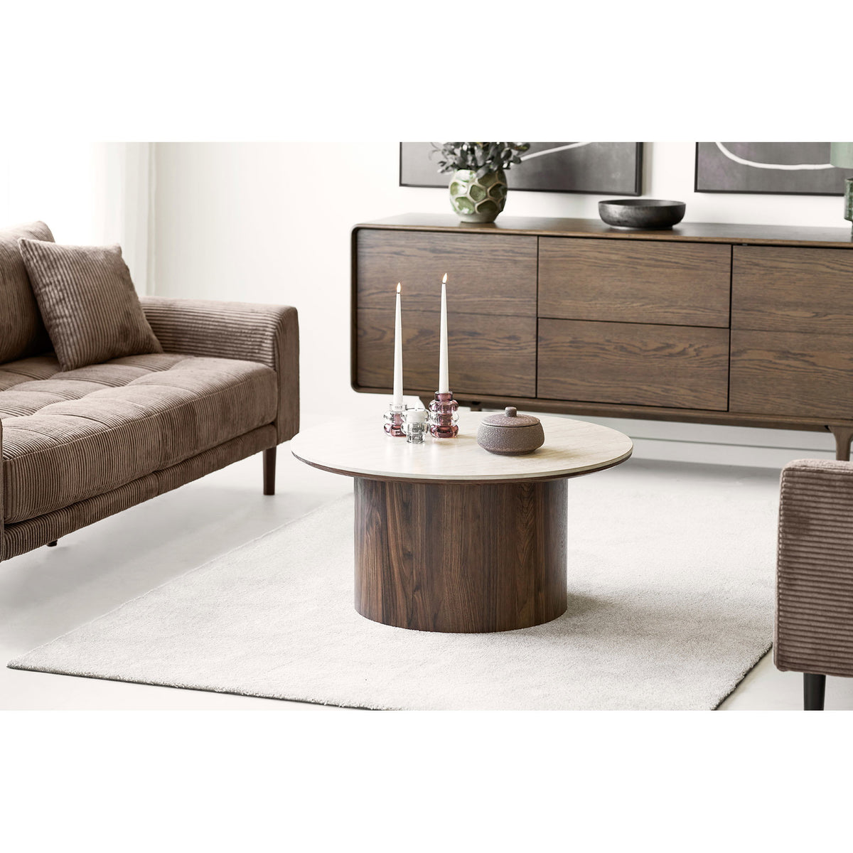 Bianca Couchtisch rund – Keramik Travertin/Dunkelbraun, ø 80 × 40 cm – Ansicht 8