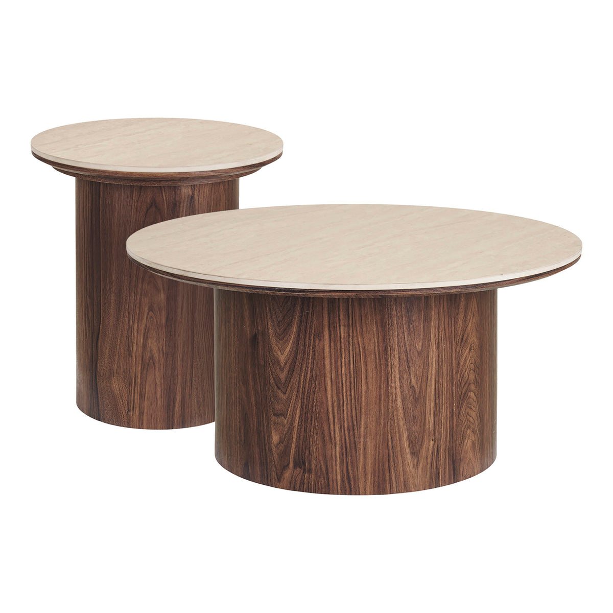 Bianca Couchtisch rund 2er-Set – Keramik Travertin/Dunkelbraun, ø 80 × 40 cm & ø 45 × 50 cm von Luiva Living
