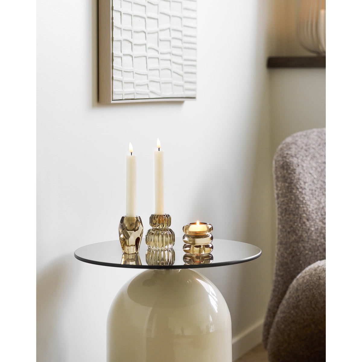 Elodie Beistelltisch rund – Sicherheitsglas/Metall Grau/Beige, ø 40 × 52 cm – Ansicht 8
