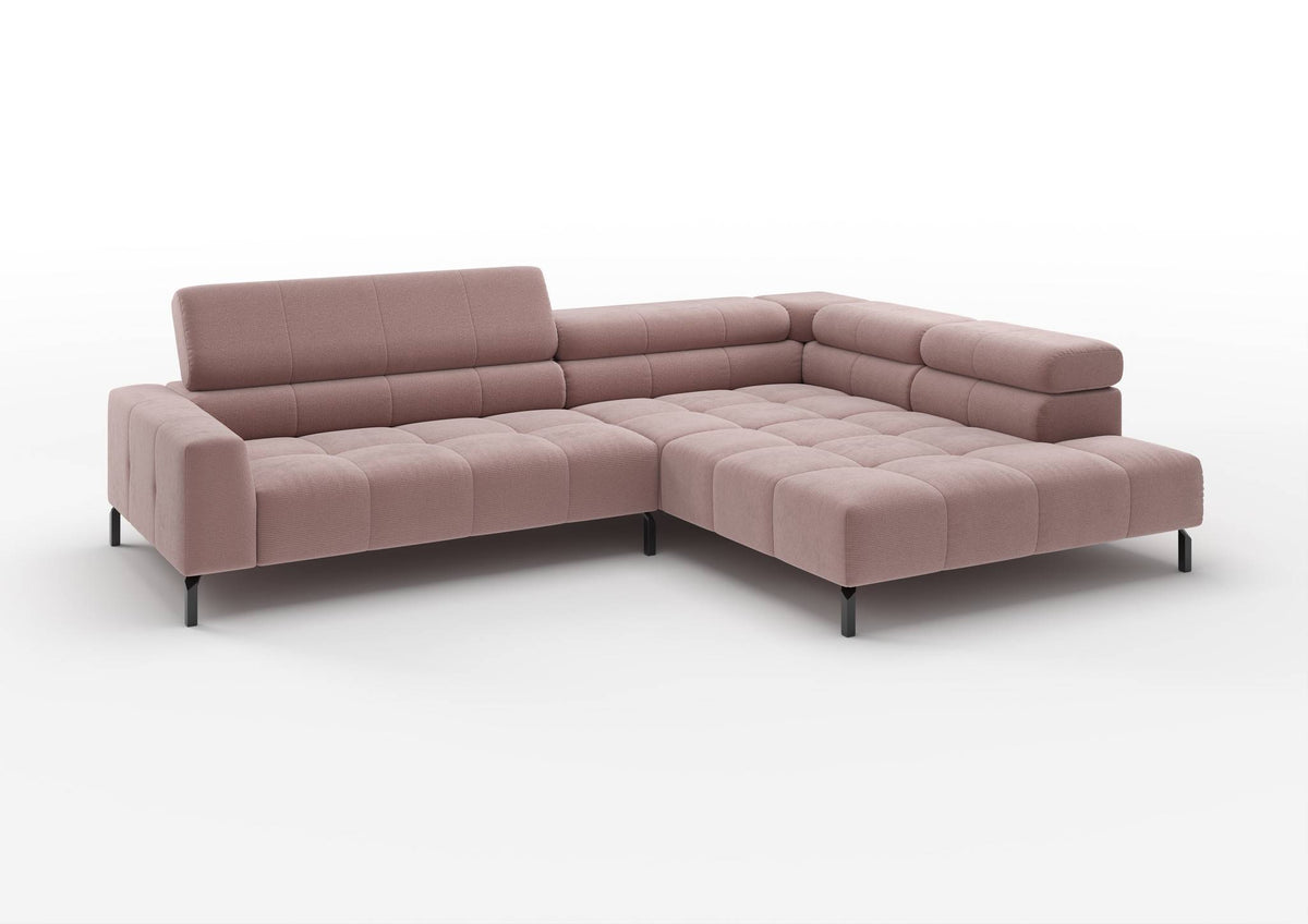 Kalmar Ecksofa in L-Form groß in Feincord Altrosa, Ecke rechts – mit hochgestelltem Kopfteil