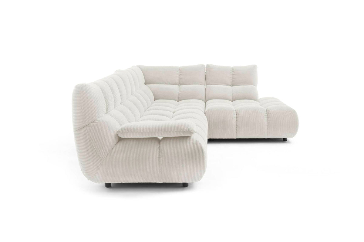 Ribe Ecksofa in L-Form in Feincord Weiß, Ecke rechts – Seitenansicht mit heruntergeklappter Armlehne