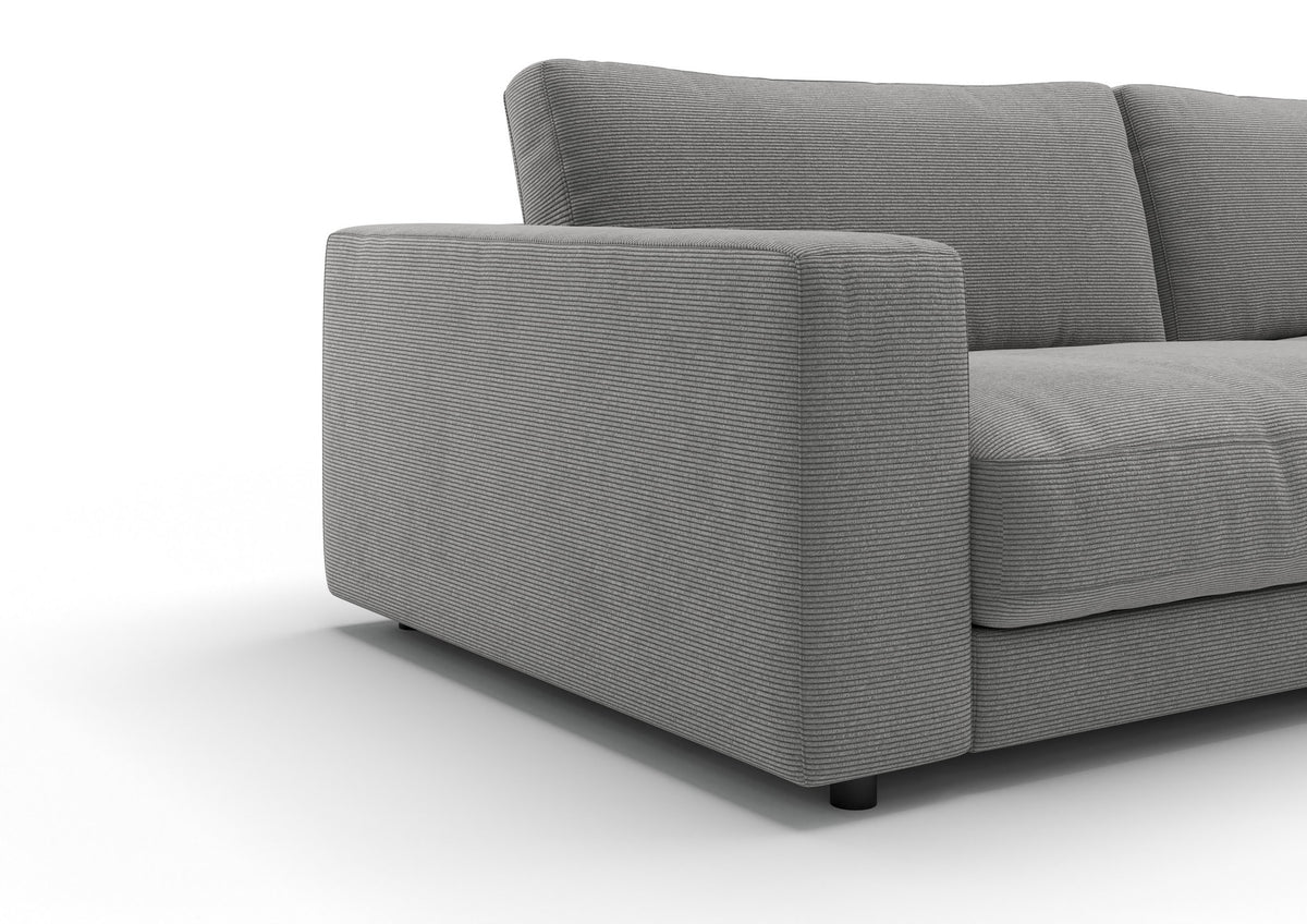 Skagen Ecksofa mit Longchair in Feincord Grau, Longchair rechts – Detail Armlehne