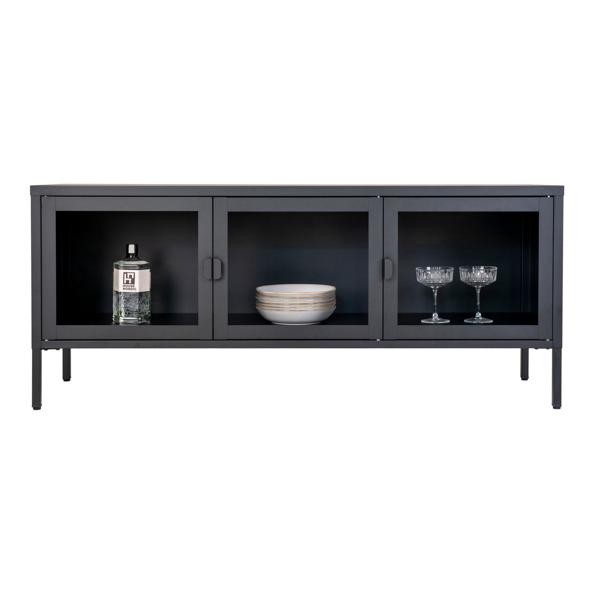 Arlo TV-Board mit 3 Glastüren – Stahl Schwarz, 130 × 40 × 55 cm – Ansicht 2