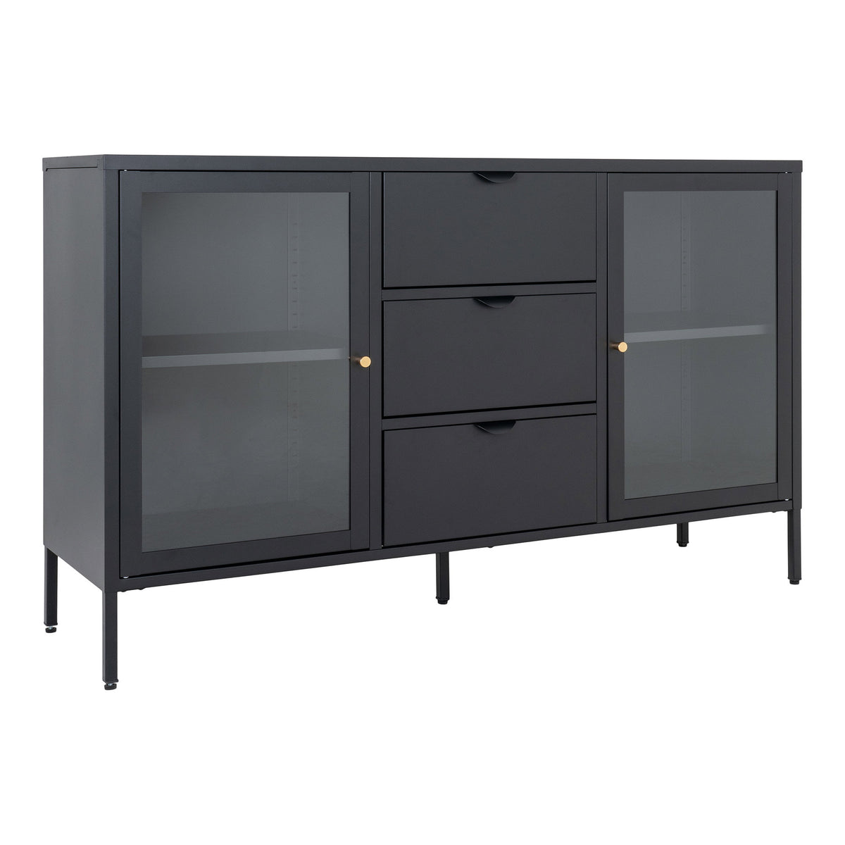 Joris Sideboard mit 2 Glastüren und 3 Schubladen – Stahl Schwarz, 140 × 40 × 85 cm – Ansicht 2