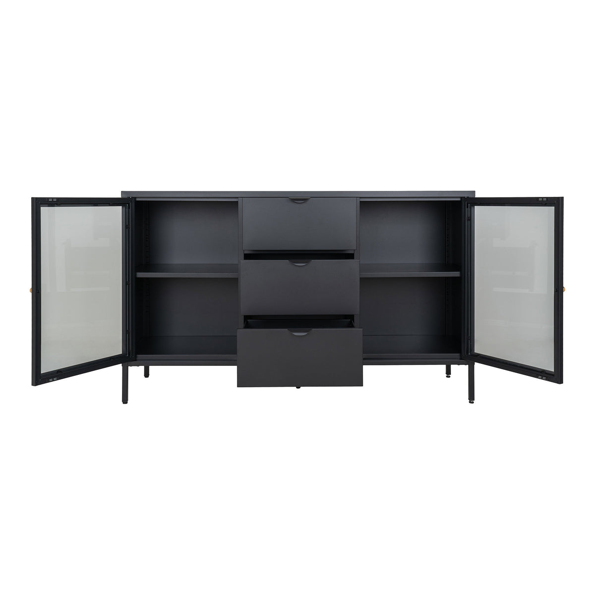 Joris Sideboard mit 2 Glastüren und 3 Schubladen – Stahl Schwarz, 140 × 40 × 85 cm – Ansicht 3