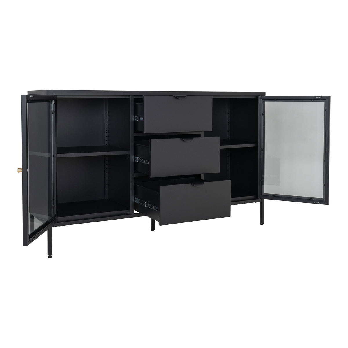 Joris Sideboard mit 2 Glastüren und 3 Schubladen – Stahl Schwarz, 140 × 40 × 85 cm – Ansicht 4