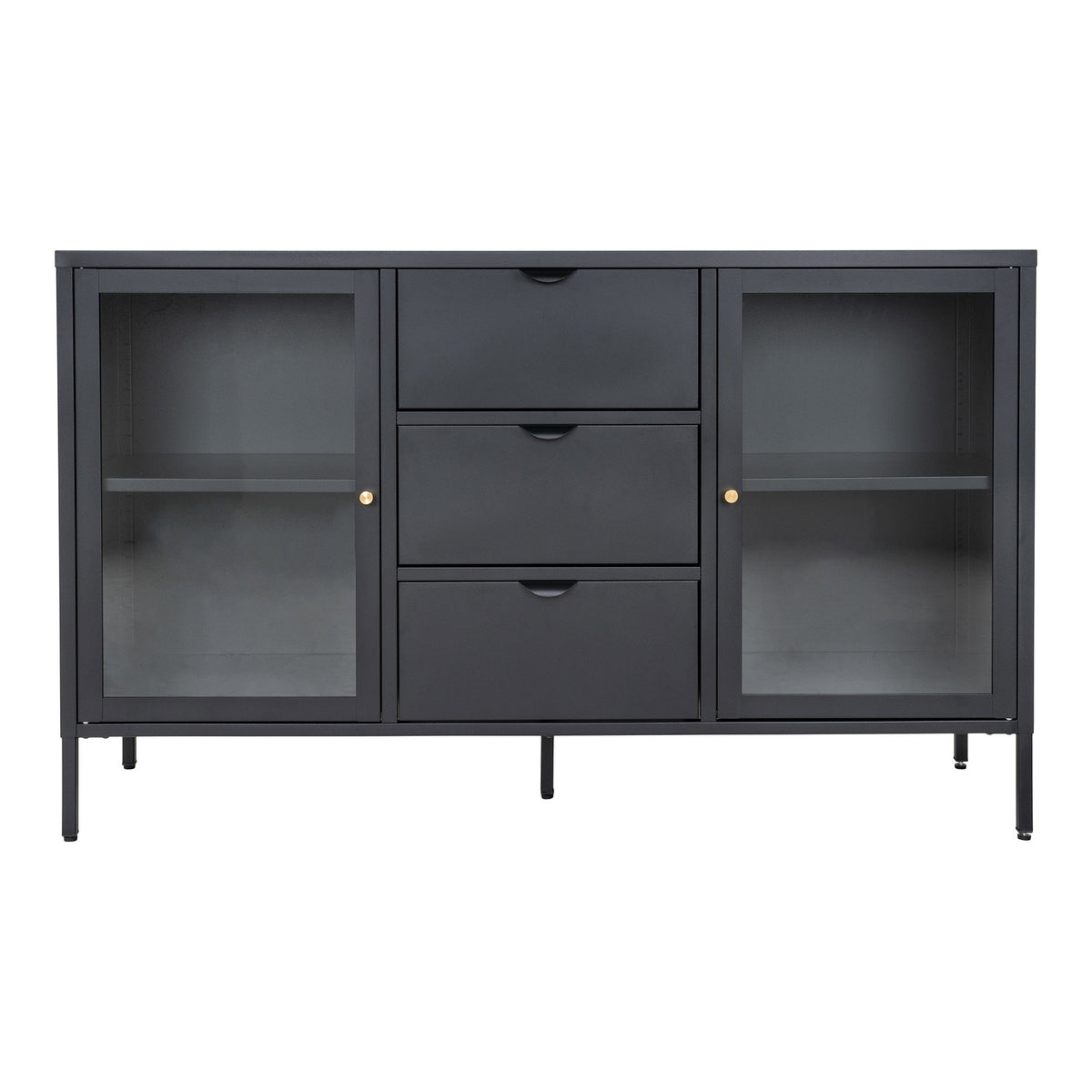 Joris Sideboard mit 2 Glastüren und 3 Schubladen – Stahl Schwarz, 140 × 40 × 85 cm von Luiva Living
