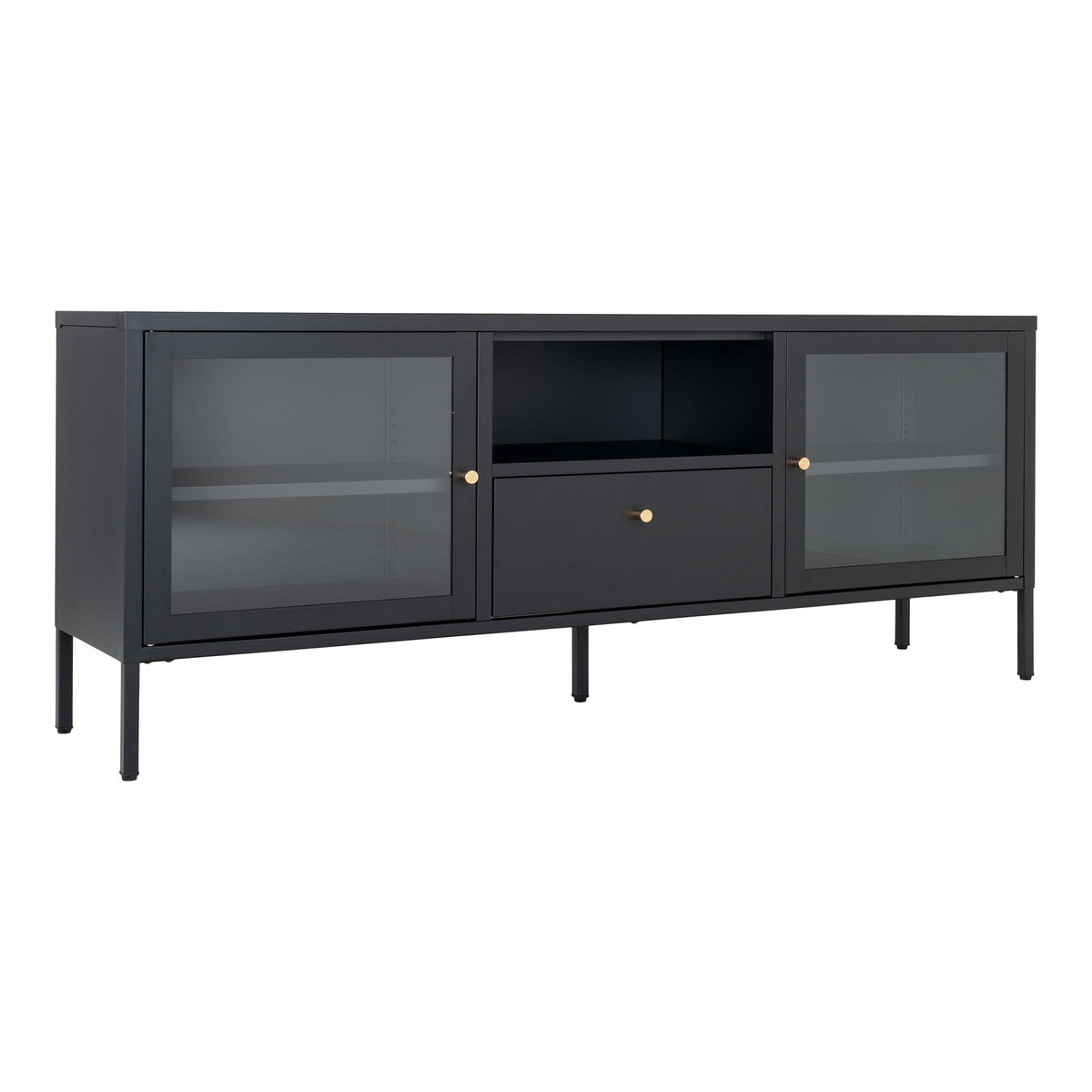 Joris TV-Board mit 2 Glastüren und Schublade – Stahl Schwarz, 150 × 35 × 60 cm – Ansicht 2