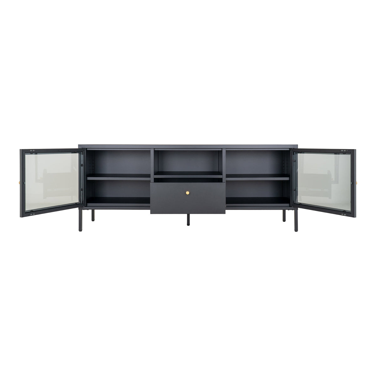 Joris TV-Board mit 2 Glastüren und Schublade – Stahl Schwarz, 150 × 35 × 60 cm – Ansicht 3